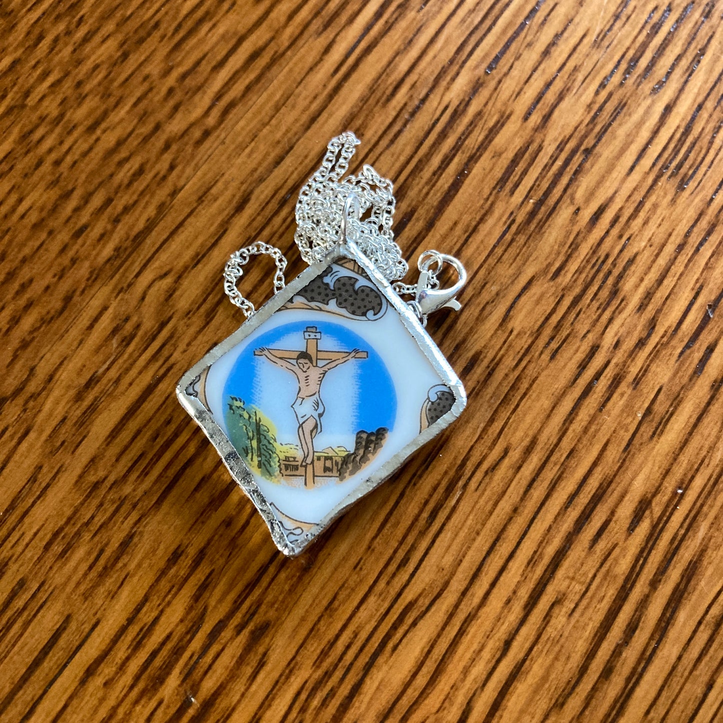 Broken Pottery Artisan Made Pendant Christian Religious Plate Handcrafted Necklace 1 3/8 in x 1.5 in