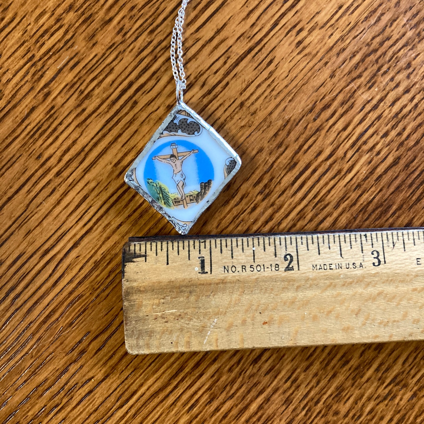 Broken Pottery Artisan Made Pendant Christian Religious Plate Handcrafted Necklace 1 3/8 in x 1.5 in