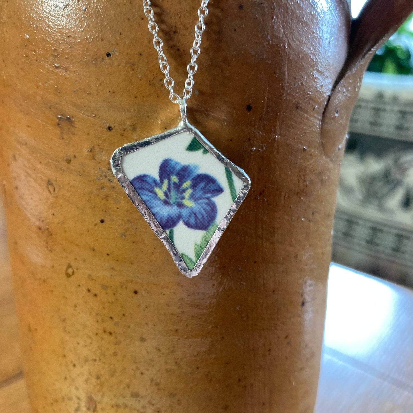 Broken Pottery Artisan Made Flower Pendant Studio Nova Plate Handcrafted Necklace 1 in x 1 1/8 in