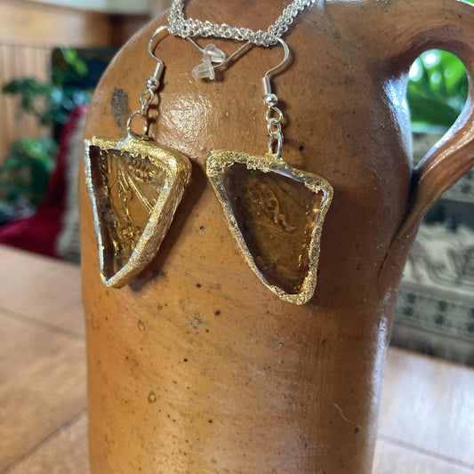 Artisan Made Dangle Earrings Yellow Depression Glass Plate Handcrafted Earrings