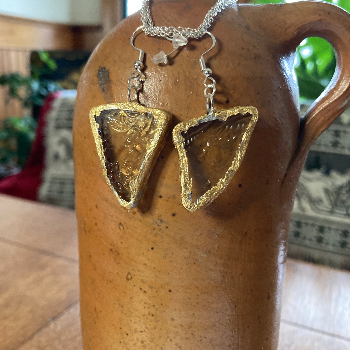 Artisan Made Dangle Earrings Yellow Depression Glass Plate Handcrafted Earrings
