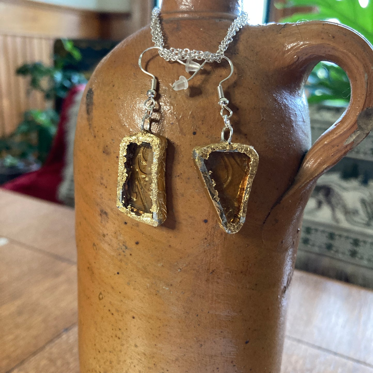 Artisan Made Dangle Earrings Yellow Depression Glass Plate Handcrafted Earrings