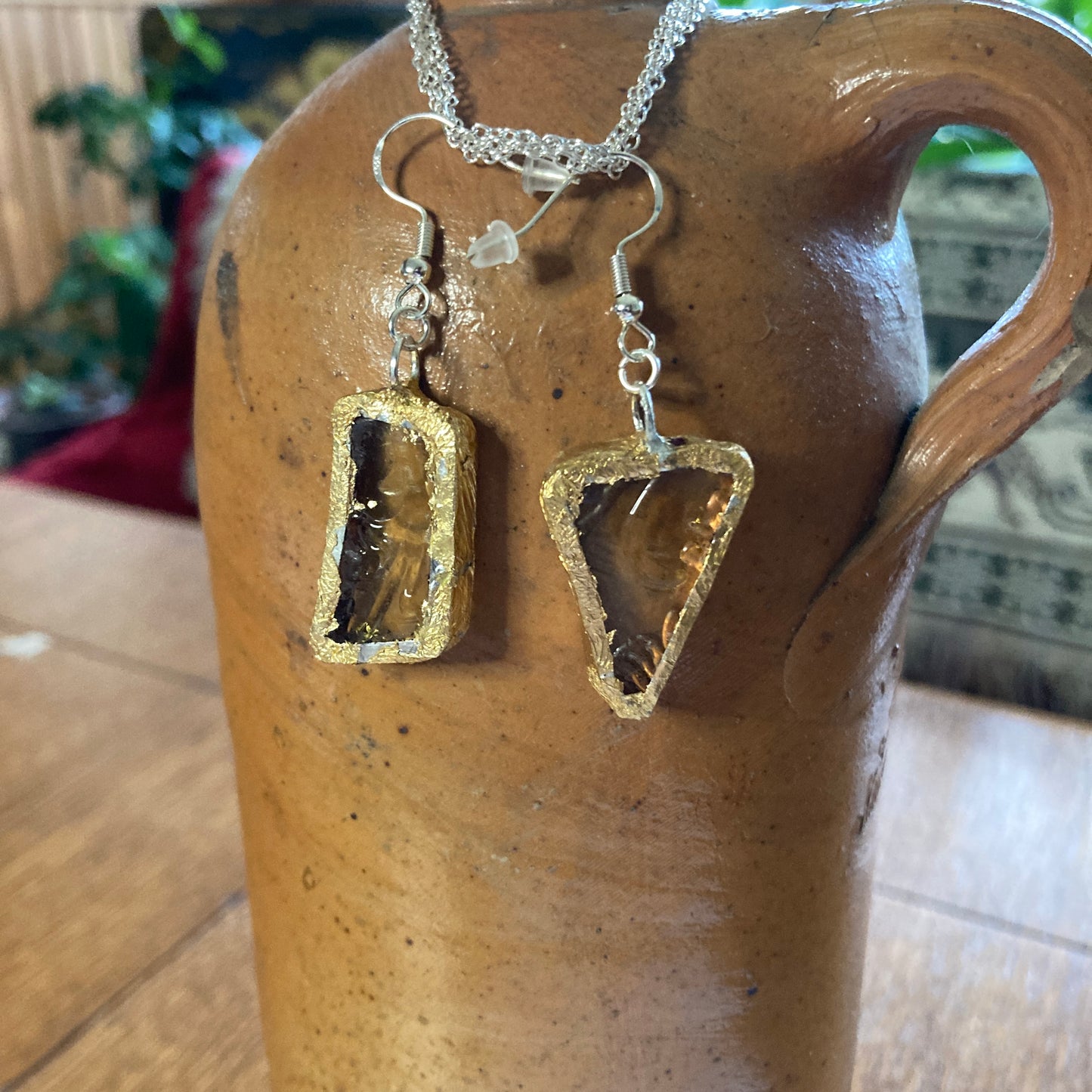 Artisan Made Dangle Earrings Yellow Depression Glass Plate Handcrafted Earrings