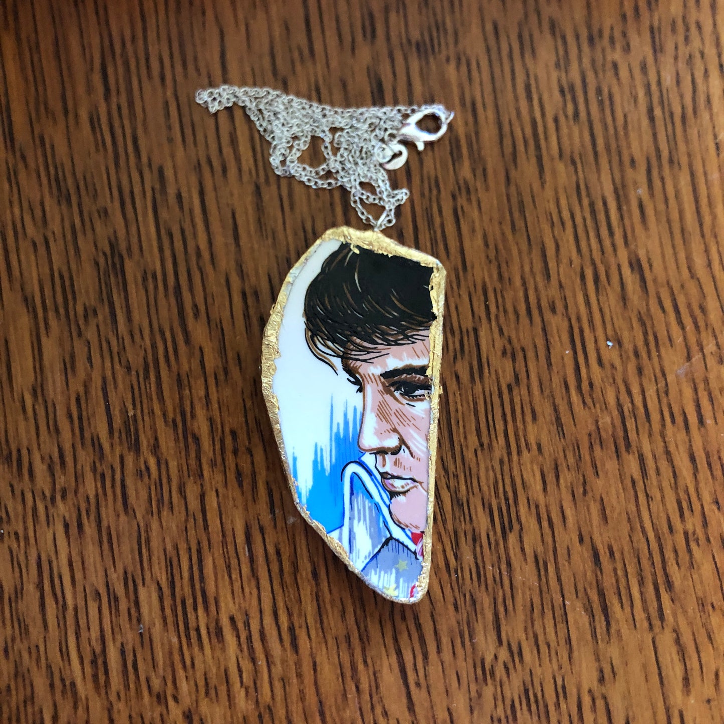 Broken Pottery Artisan Made Pendant Elvis Collector Plate Handcrafted Necklace 1.25in x 2.75in