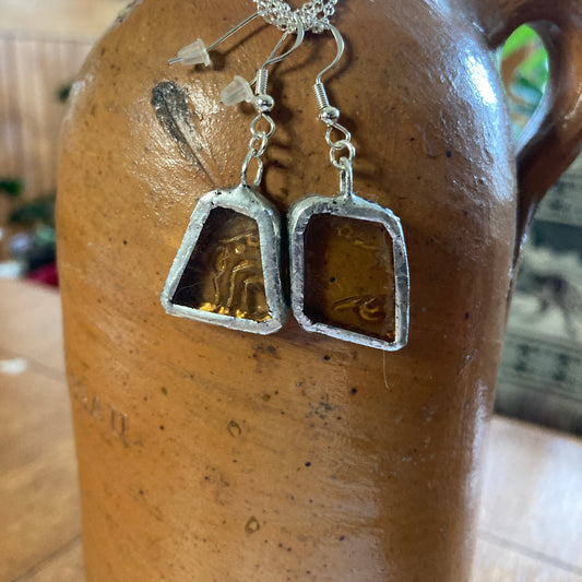 Artisan Made Dangle Earrings Yellow Depression Glass Plate Handcrafted Earrings