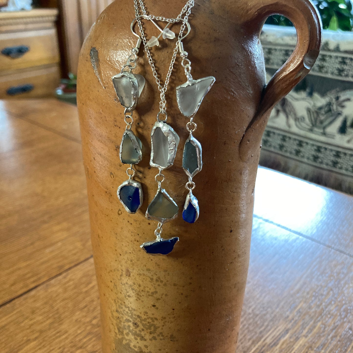 Erie Glass Artisan Made Frosted Light Blue And Blue Pendant And Dangle Earring Set Handcrafted Jewelry Set