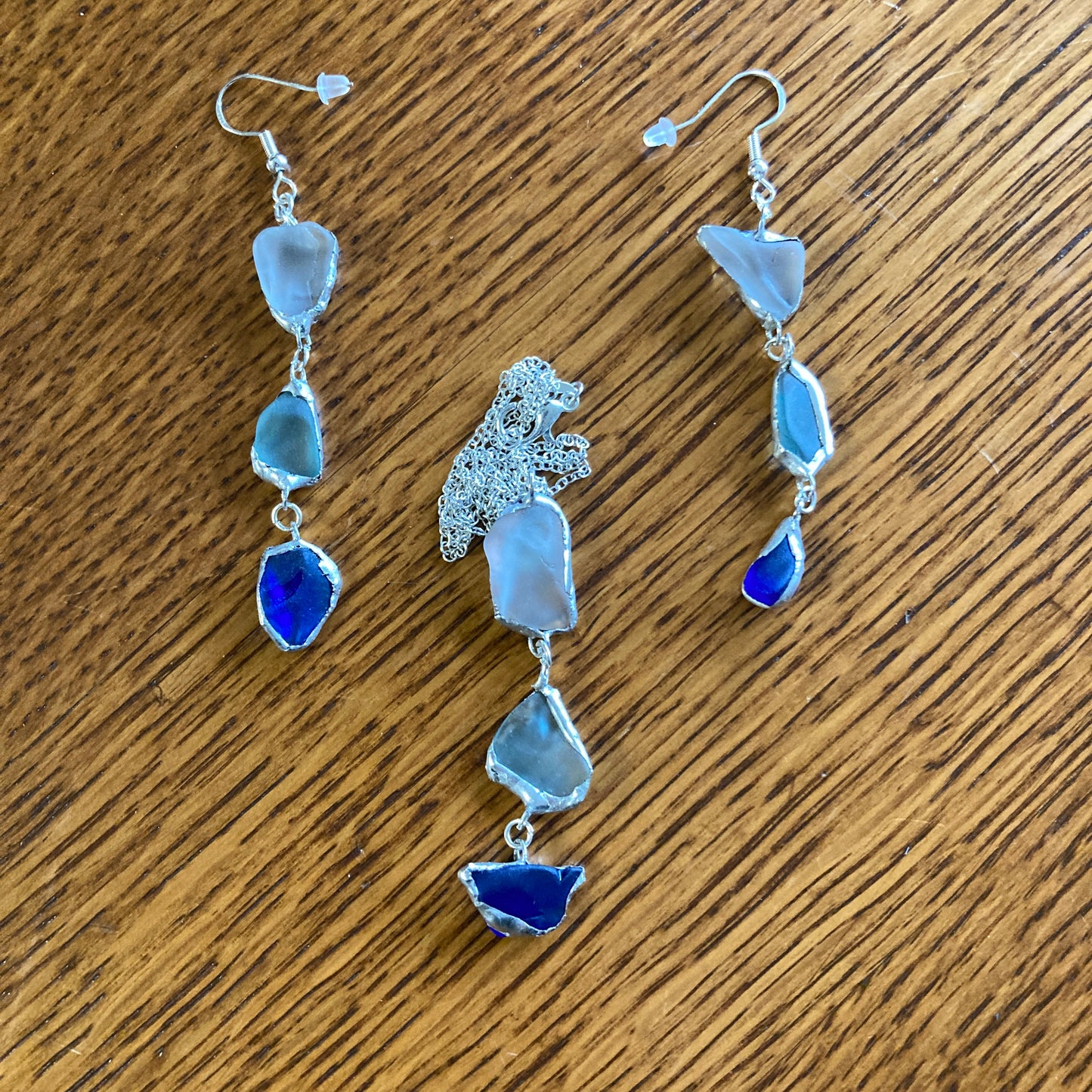 Erie Glass Artisan Made Frosted Light Blue And Blue Pendant And Dangle Earring Set Handcrafted Jewelry Set