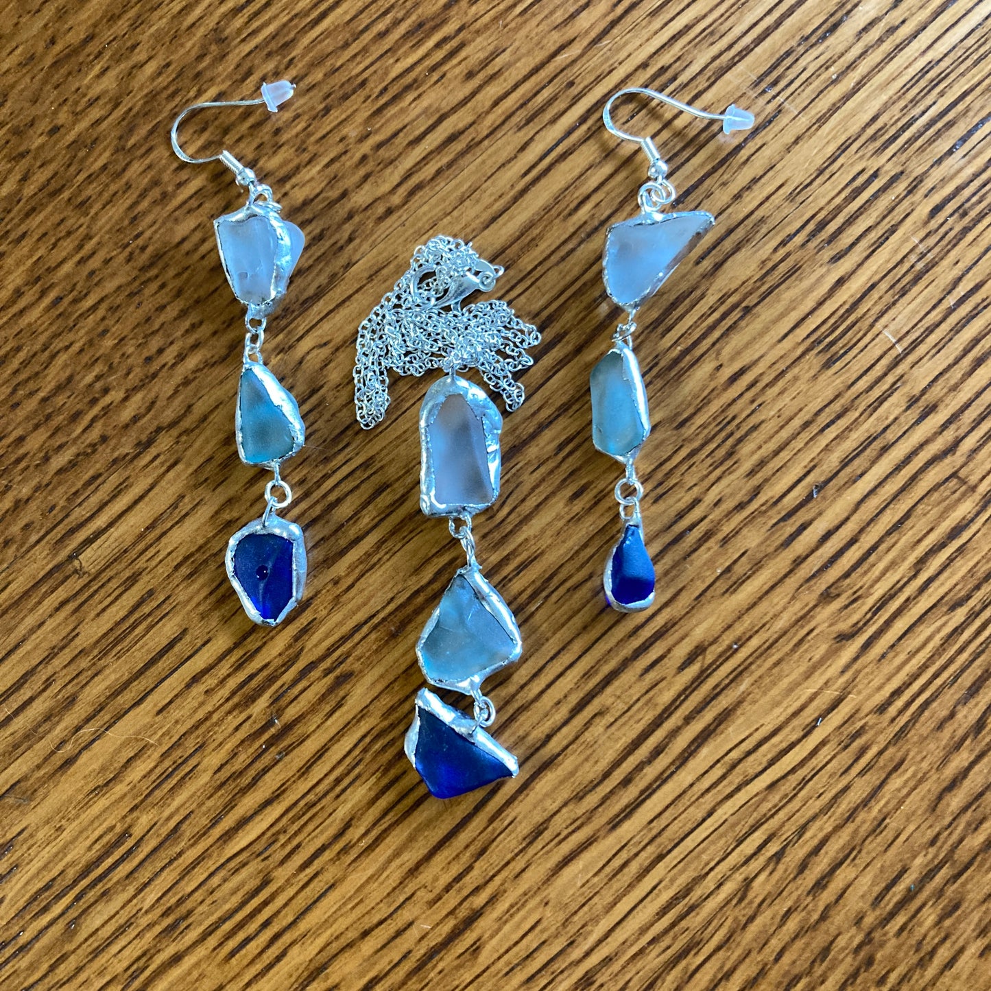 Erie Glass Artisan Made Frosted Light Blue And Blue Pendant And Dangle Earring Set Handcrafted Jewelry Set