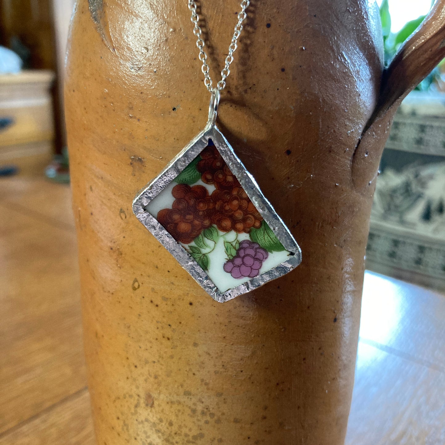 Broken Pottery Artisan Made Raspberry Pendant Fruit Plate Handcrafted Necklace 1 3/8 in x 1.5 in