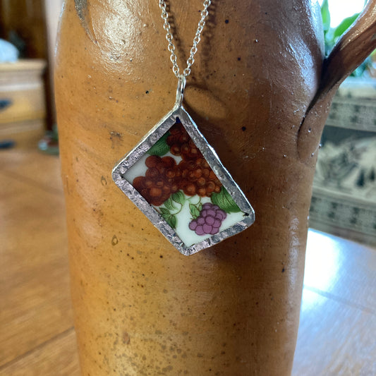 Broken Pottery Artisan Made Raspberry Pendant Fruit Plate Handcrafted Necklace 1 3/8 in x 1.5 in