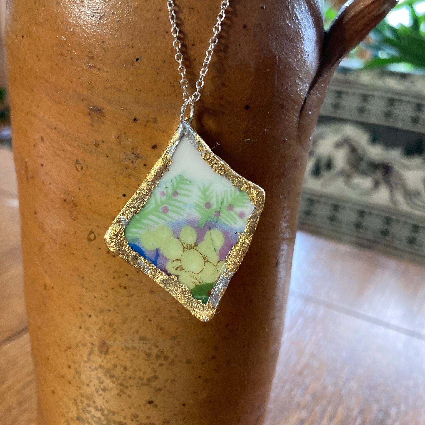 Broken Pottery Artisan Made Grape Pendant Fruit Plate Handcrafted Necklace 1.5 in x 1.75 in