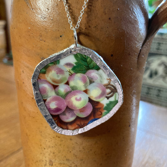 Broken Pottery Artisan Made Grape Pendant Fruit Plate Handcrafted Necklace 1.75 in x 1.75 in