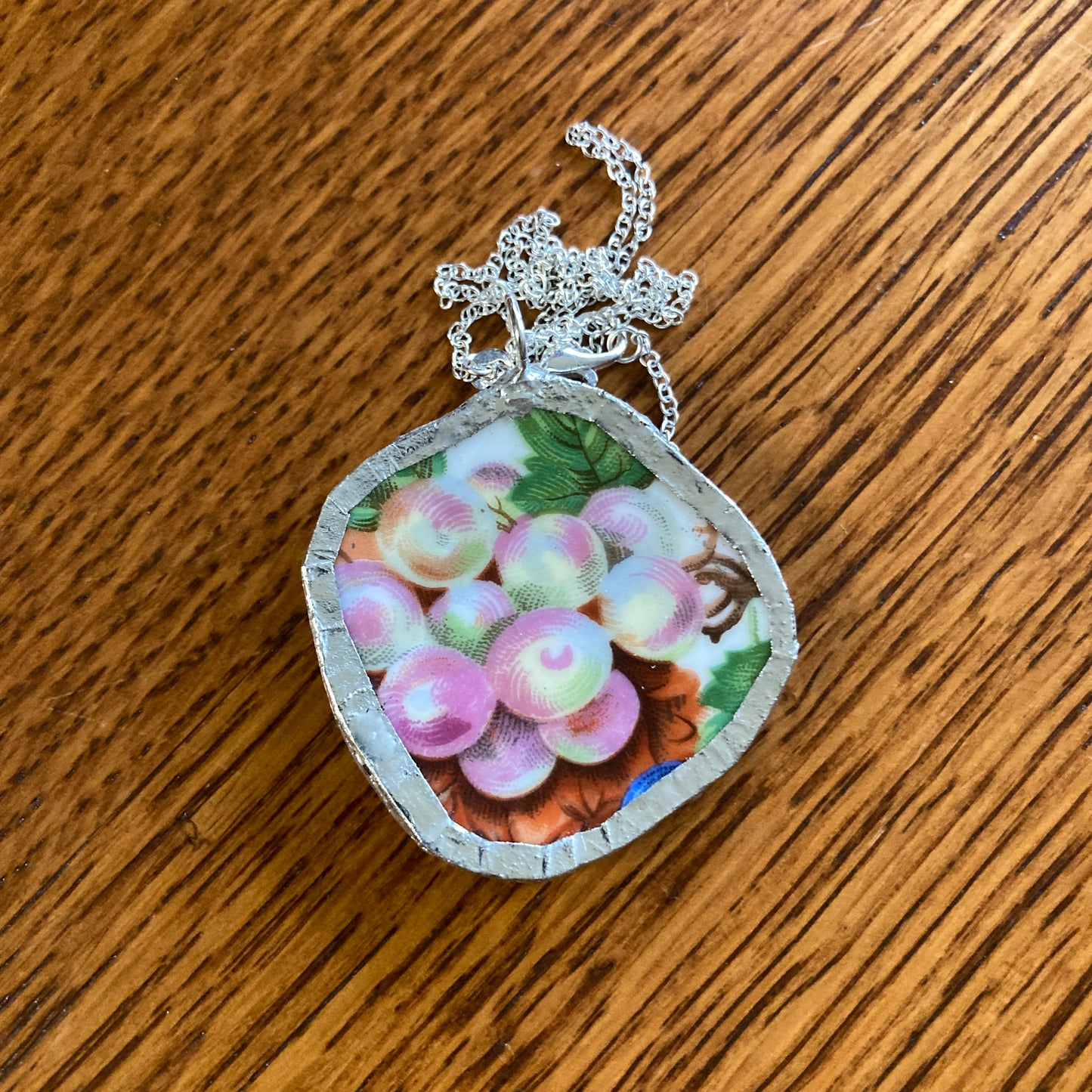 Broken Pottery Artisan Made Grape Pendant Fruit Plate Handcrafted Necklace 1.75 in x 1.75 in
