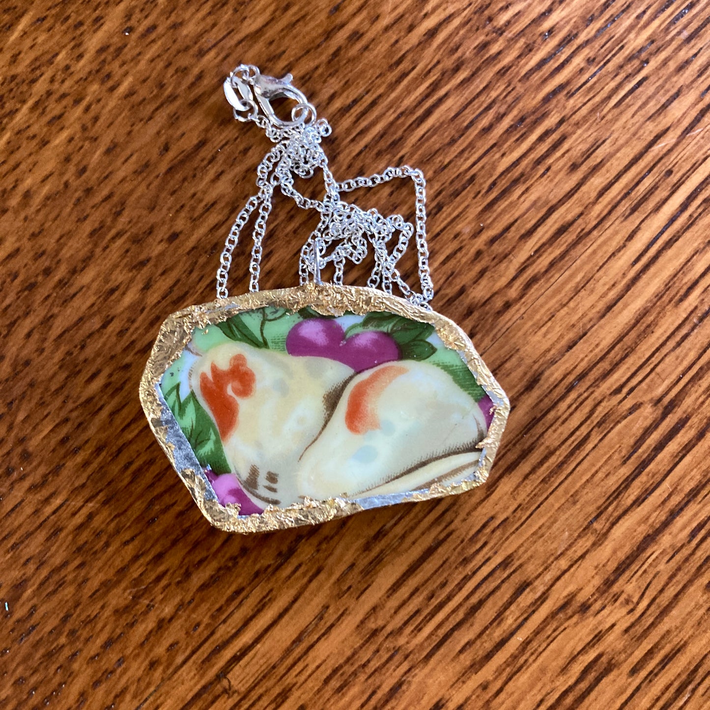 Broken Pottery Artisan Made Pear Pendant Fruit Plate Handcrafted Necklace 2 in x 1.25 in