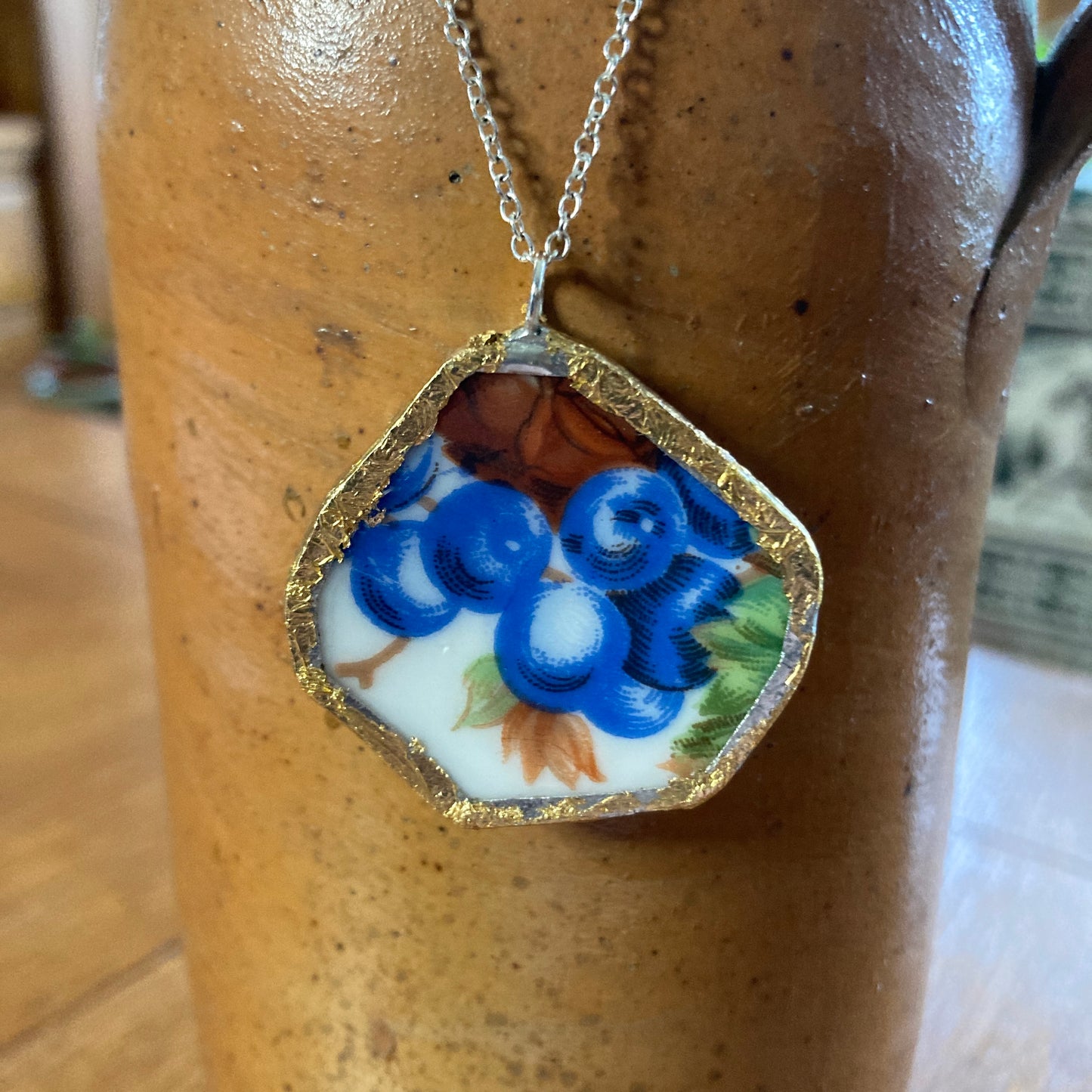Broken Pottery Artisan Made Grape Pendant Fruit Plate Handcrafted Necklace 1.5 in x 1 7/8 in
