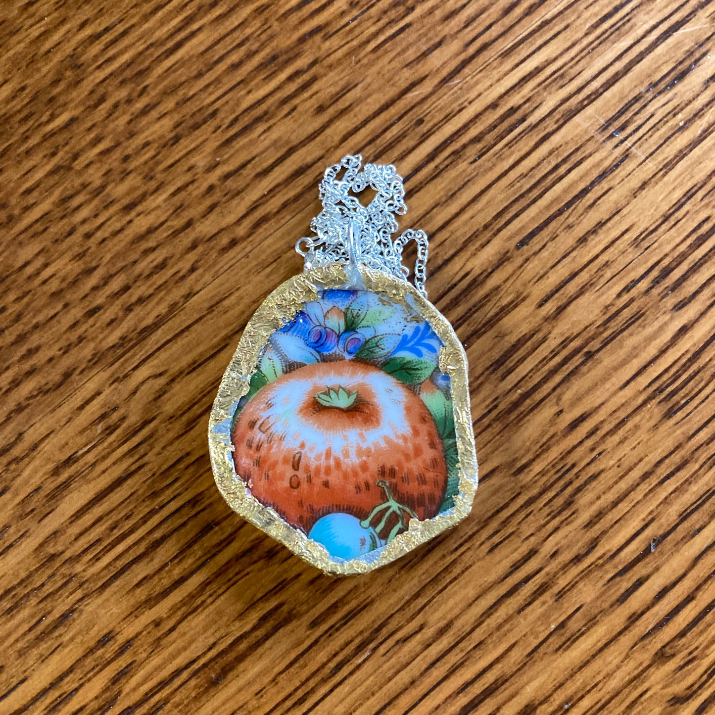 Broken Pottery Artisan Made Apple Pendant Fruit Plate Handcrafted Necklace 1 7/8 in x 1.5 in