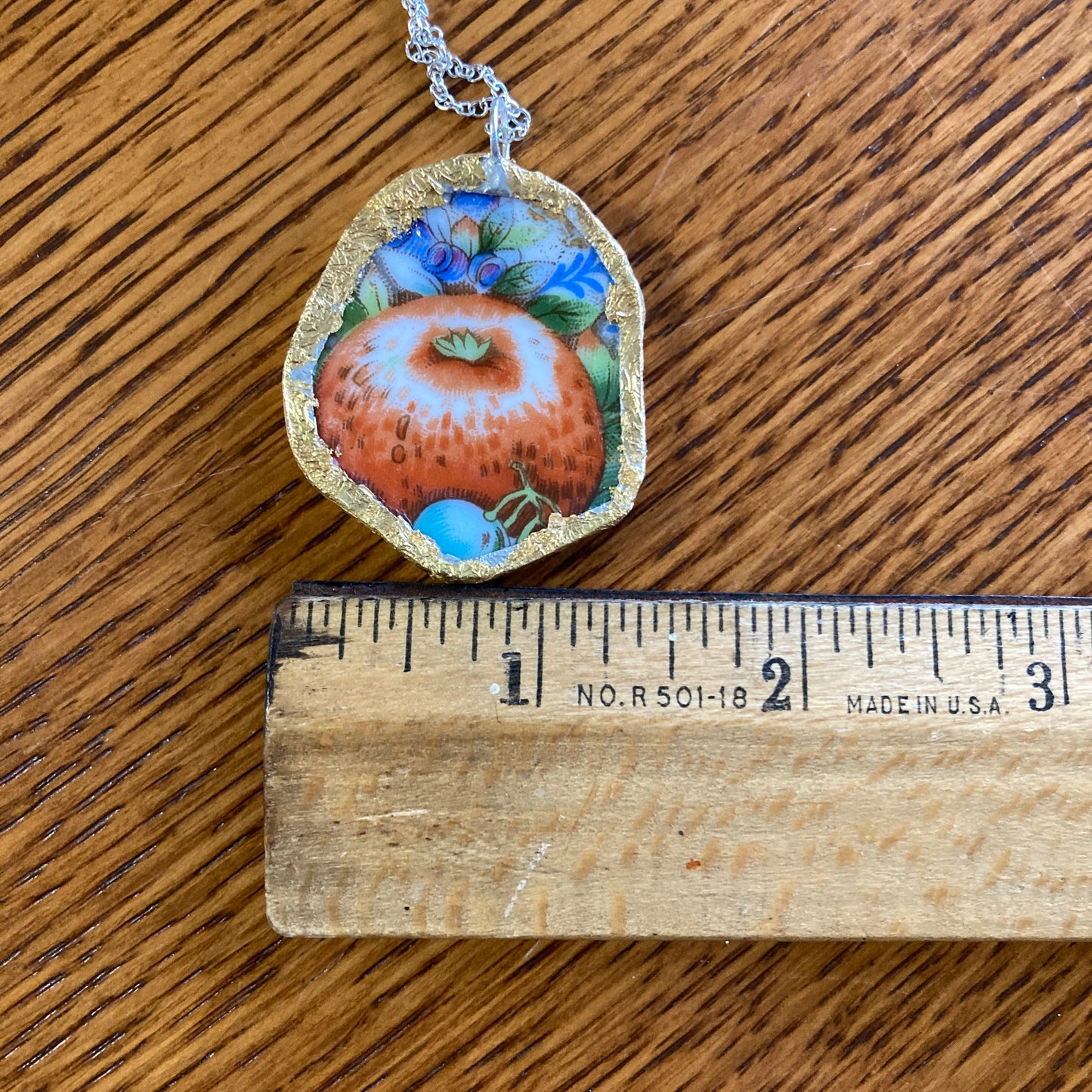 Broken Pottery Artisan Made Apple Pendant Fruit Plate Handcrafted Necklace 1 7/8 in x 1.5 in