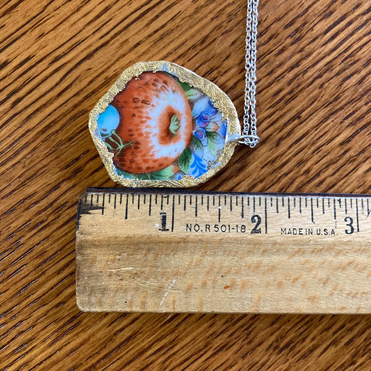 Broken Pottery Artisan Made Apple Pendant Fruit Plate Handcrafted Necklace 1 7/8 in x 1.5 in