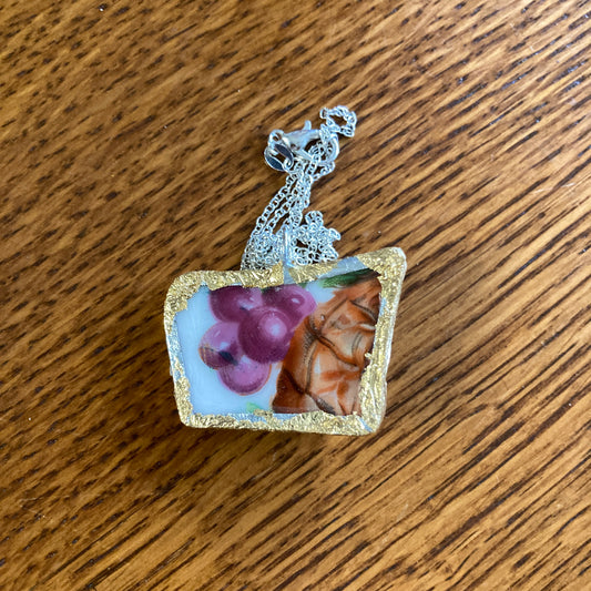Broken Pottery Artisan Made Grape And Pineapple Pendant Fruit Plate Handcrafted Necklace 1.5 in x 1 in