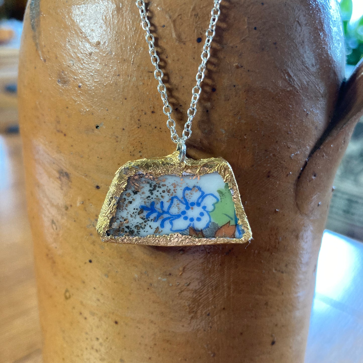 Broken Pottery Artisan Made Flower Pendant Fruit Plate Handcrafted Necklace 1.25 in x 5/8 in