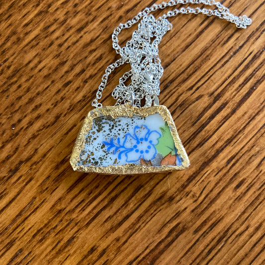Broken Pottery Artisan Made Flower Pendant Fruit Plate Handcrafted Necklace 1.25 in x 5/8 in