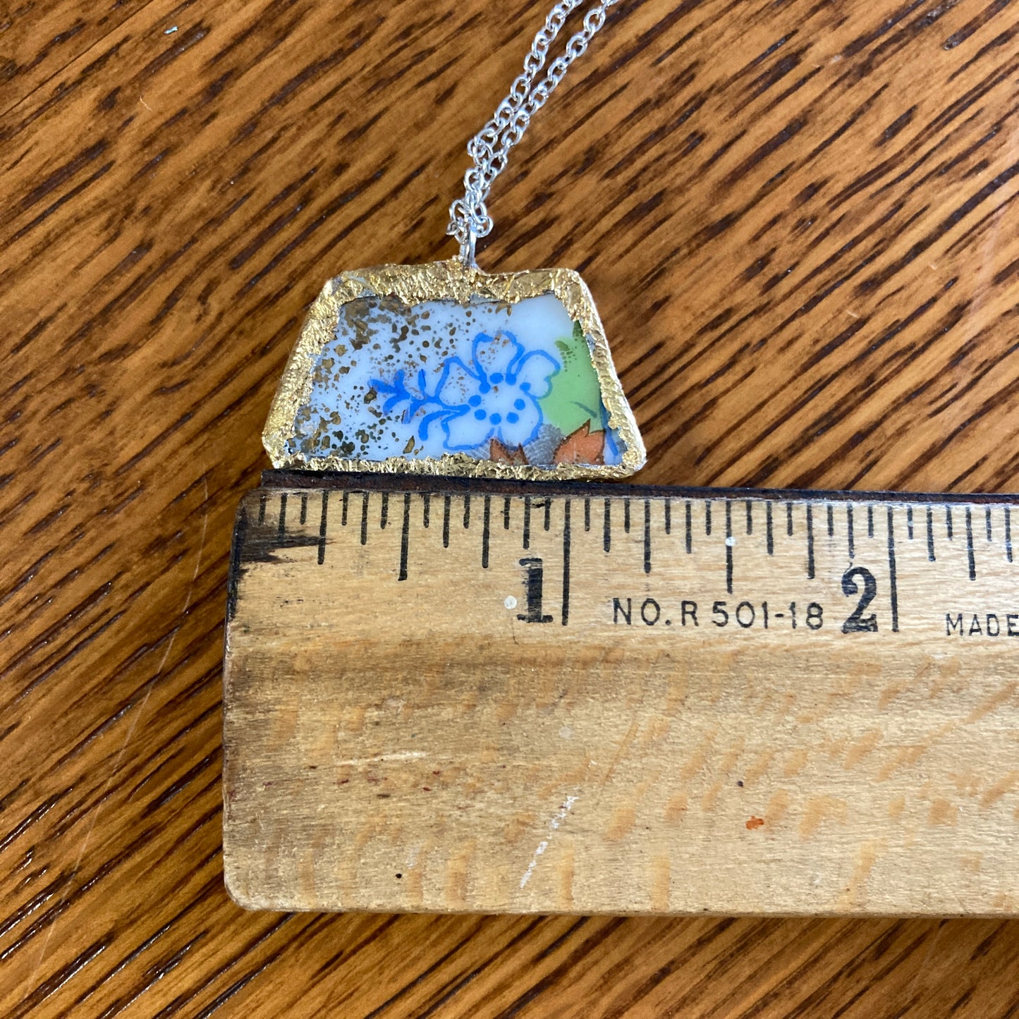 Broken Pottery Artisan Made Flower Pendant Fruit Plate Handcrafted Necklace 1.25 in x 5/8 in