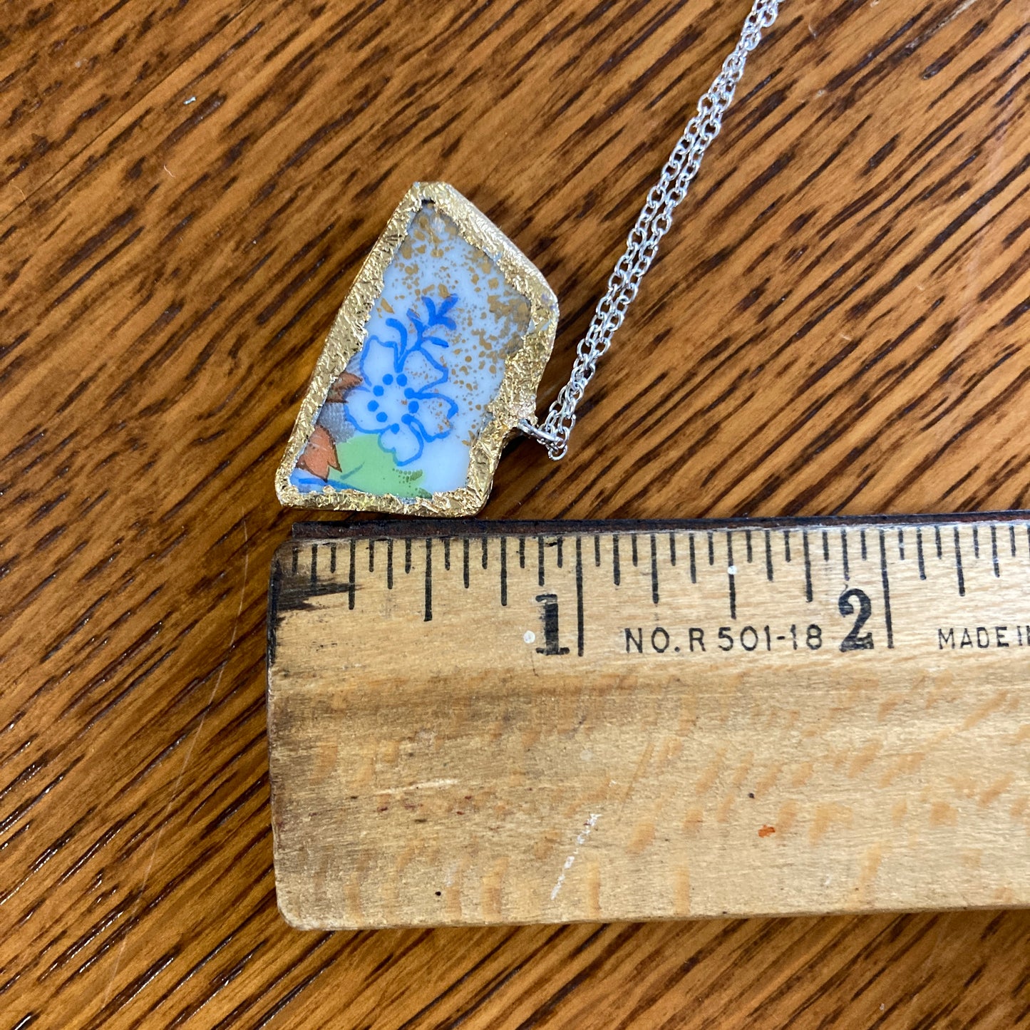 Broken Pottery Artisan Made Flower Pendant Fruit Plate Handcrafted Necklace 1.25 in x 5/8 in
