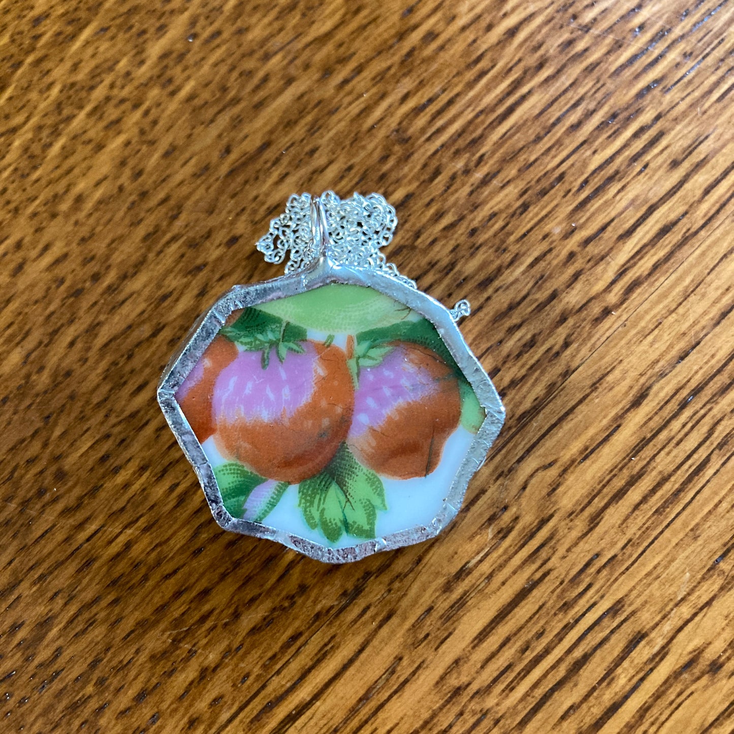 Broken Pottery Artisan Made Strawberry Pendant Fruit Plate Handcrafted Necklace 1.5 in x 1.25 in