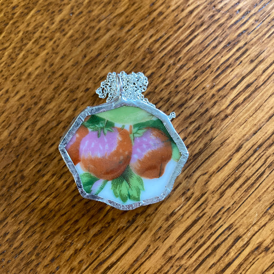 Broken Pottery Artisan Made Strawberry Pendant Fruit Plate Handcrafted Necklace 1.5 in x 1.25 in