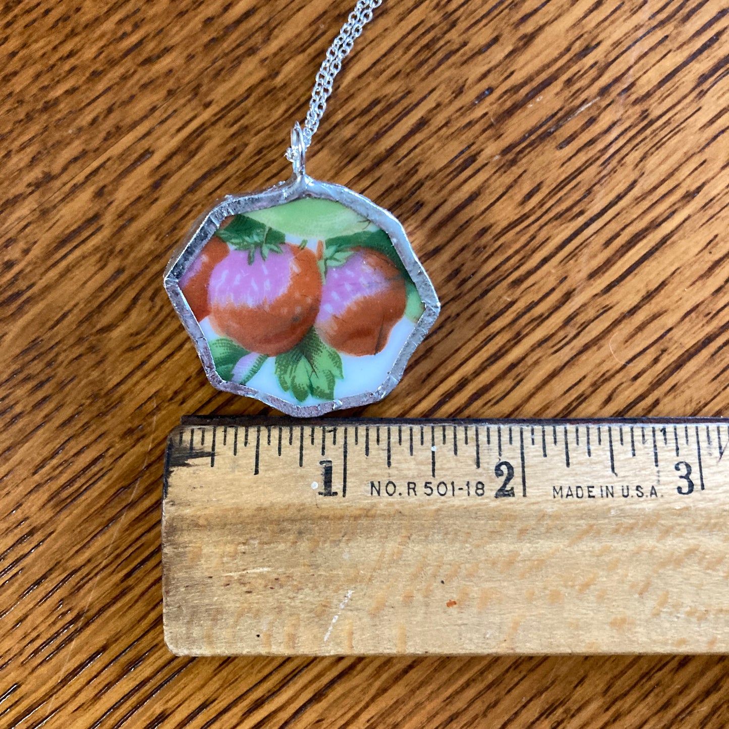 Broken Pottery Artisan Made Strawberry Pendant Fruit Plate Handcrafted Necklace 1.5 in x 1.25 in