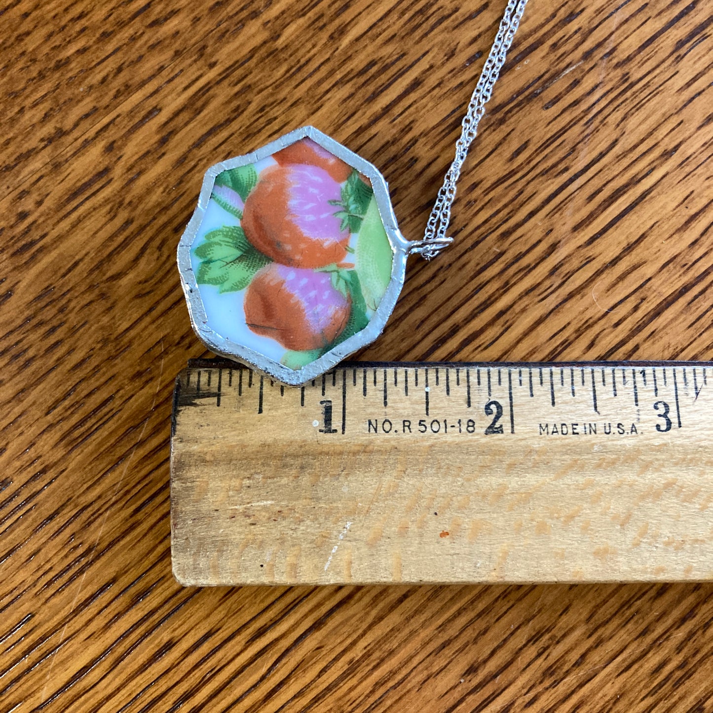 Broken Pottery Artisan Made Strawberry Pendant Fruit Plate Handcrafted Necklace 1.5 in x 1.25 in