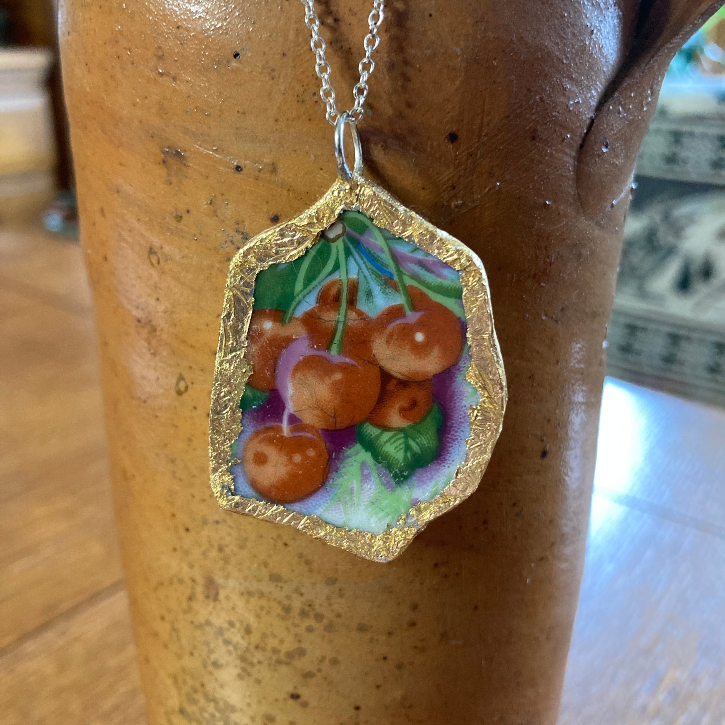 Broken Pottery Artisan Made Cherries Pendant Fruit Plate Handcrafted Necklace 1.5 in x 1.75 in
