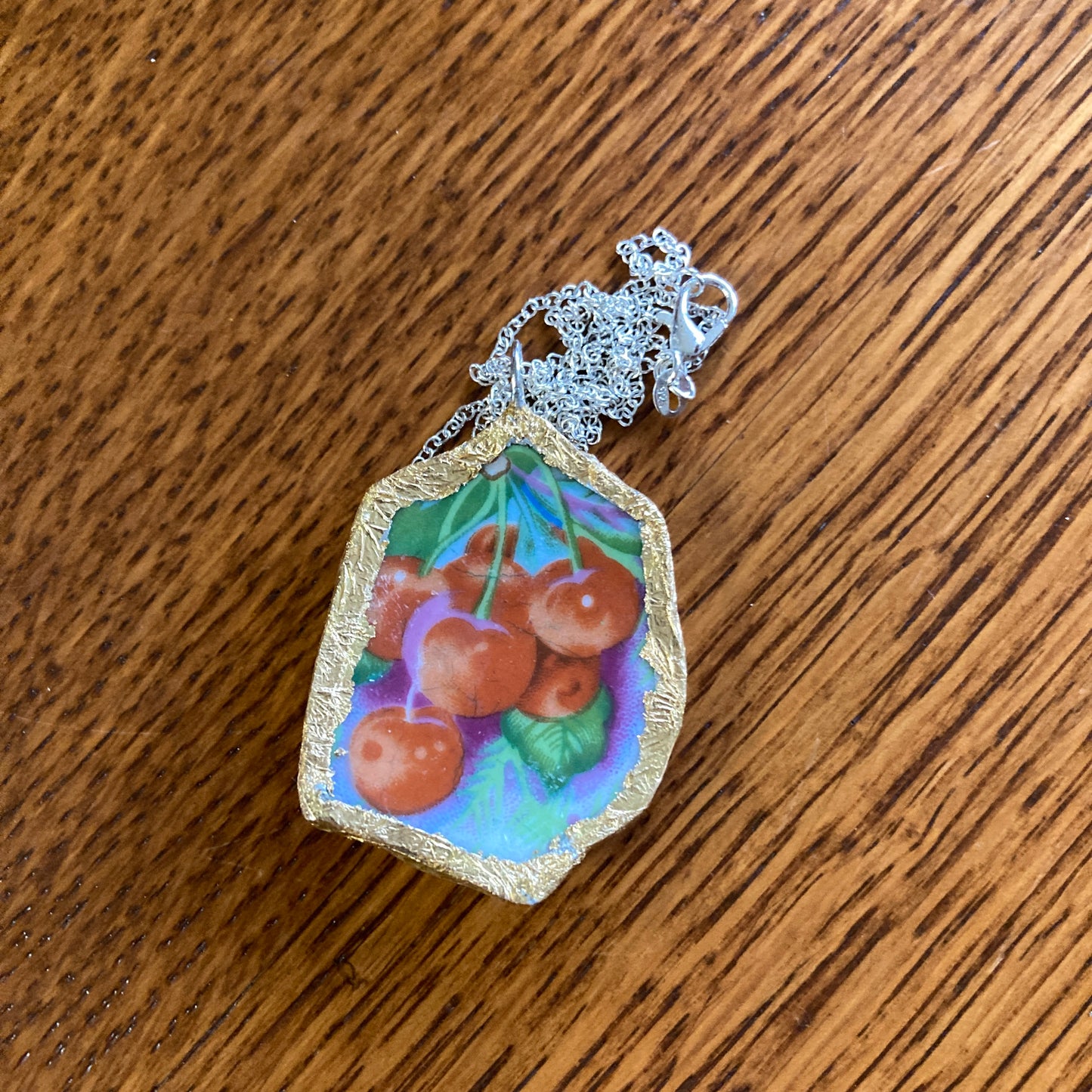 Broken Pottery Artisan Made Cherries Pendant Fruit Plate Handcrafted Necklace 1.5 in x 1.75 in