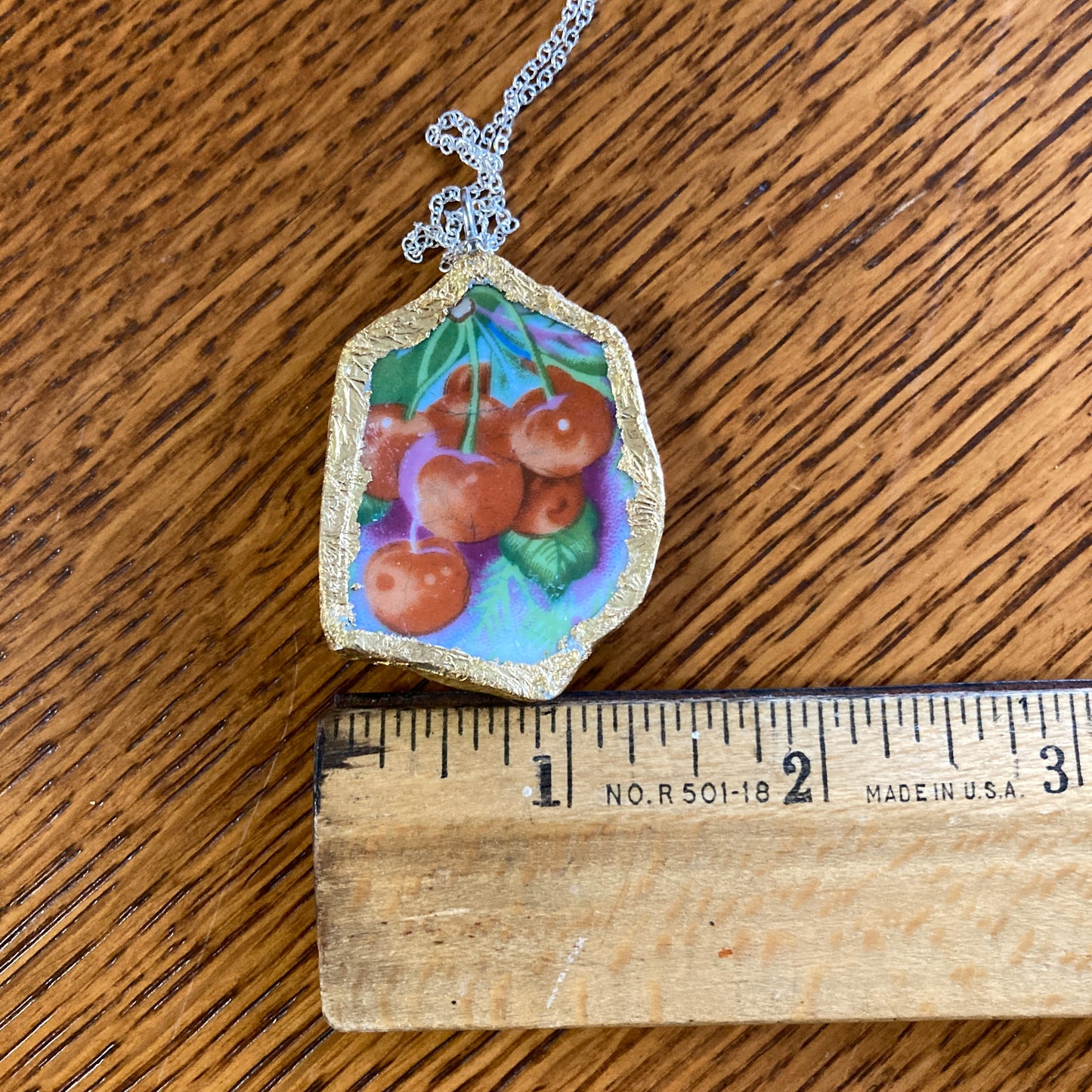 Broken Pottery Artisan Made Cherries Pendant Fruit Plate Handcrafted Necklace 1.5 in x 1.75 in