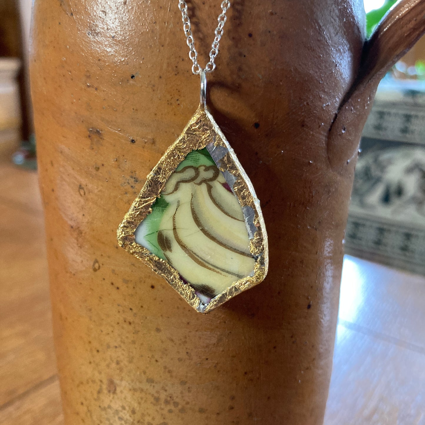 Broken Pottery Artisan Made Banana Pendant Fruit Plate Handcrafted Necklace 1.25 in x 1.5 in
