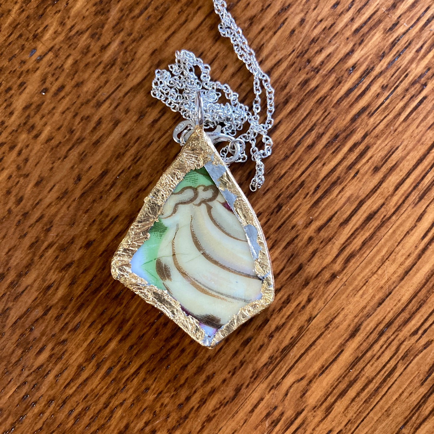 Broken Pottery Artisan Made Banana Pendant Fruit Plate Handcrafted Necklace 1.25 in x 1.5 in