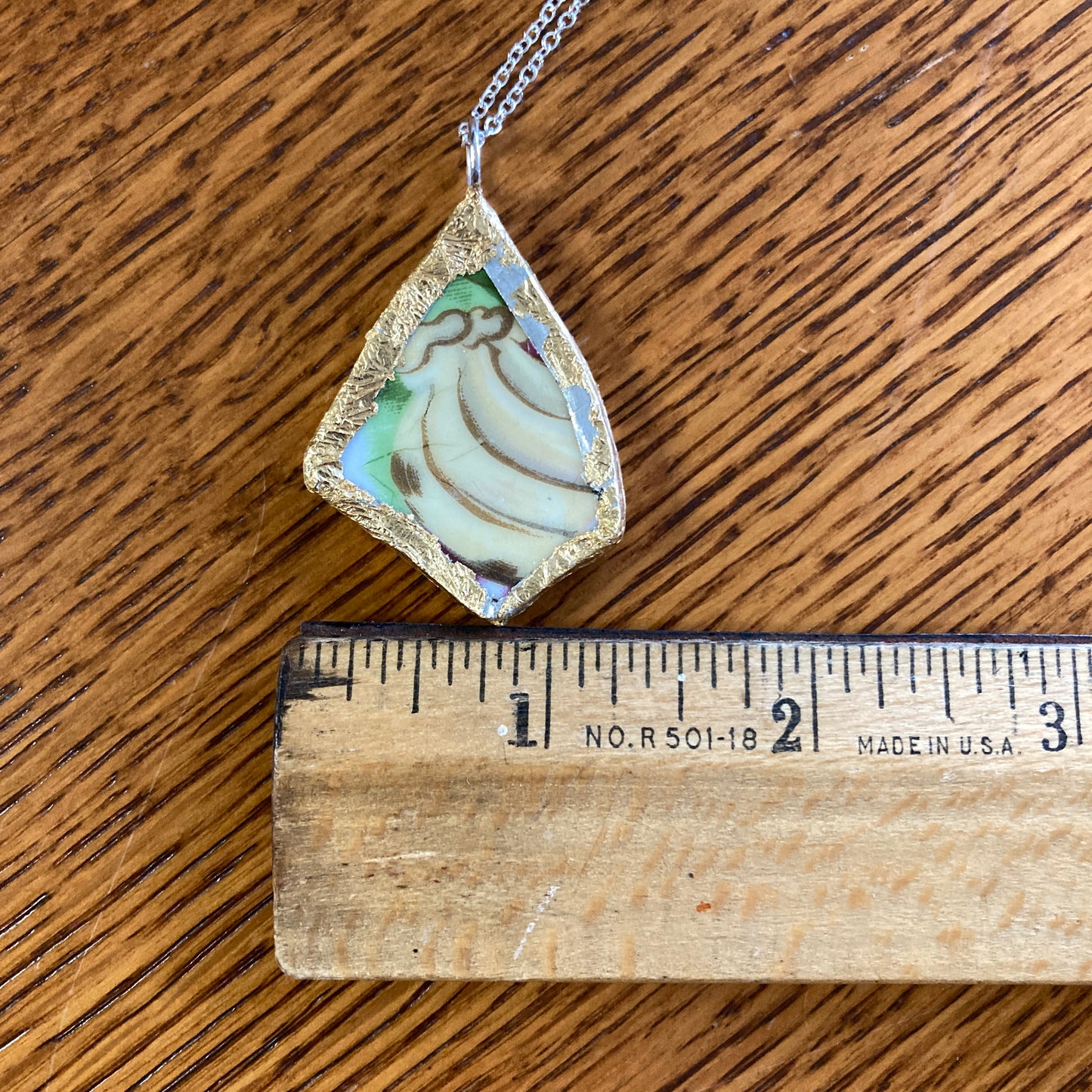 Broken Pottery Artisan Made Banana Pendant Fruit Plate Handcrafted Necklace 1.25 in x 1.5 in