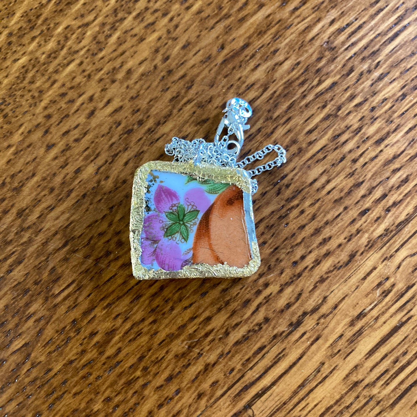 Broken Pottery Artisan Made Flower Pendant Fruit Plate Handcrafted Necklace 1 in x 7/8 in