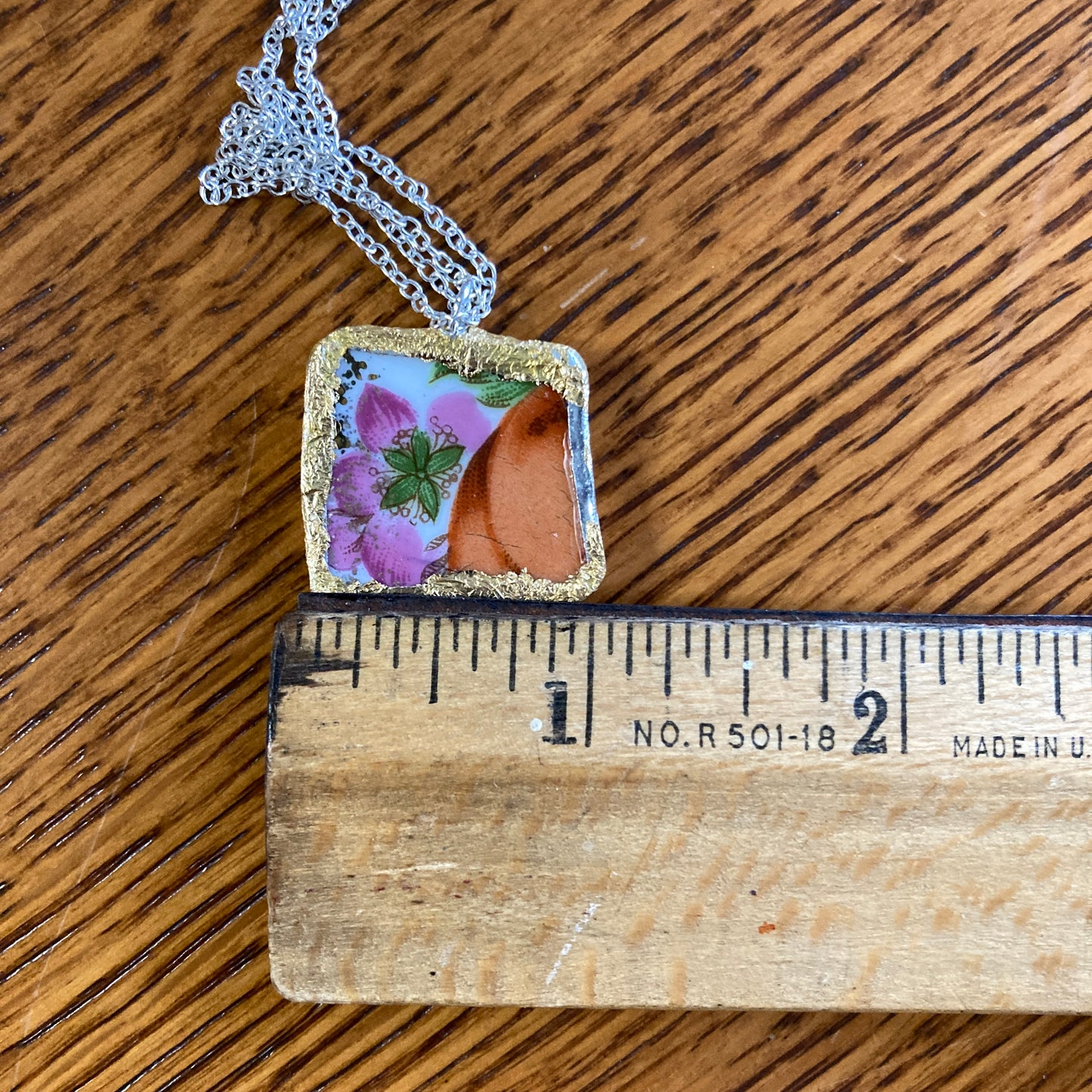 Broken Pottery Artisan Made Flower Pendant Fruit Plate Handcrafted Necklace 1 in x 7/8 in