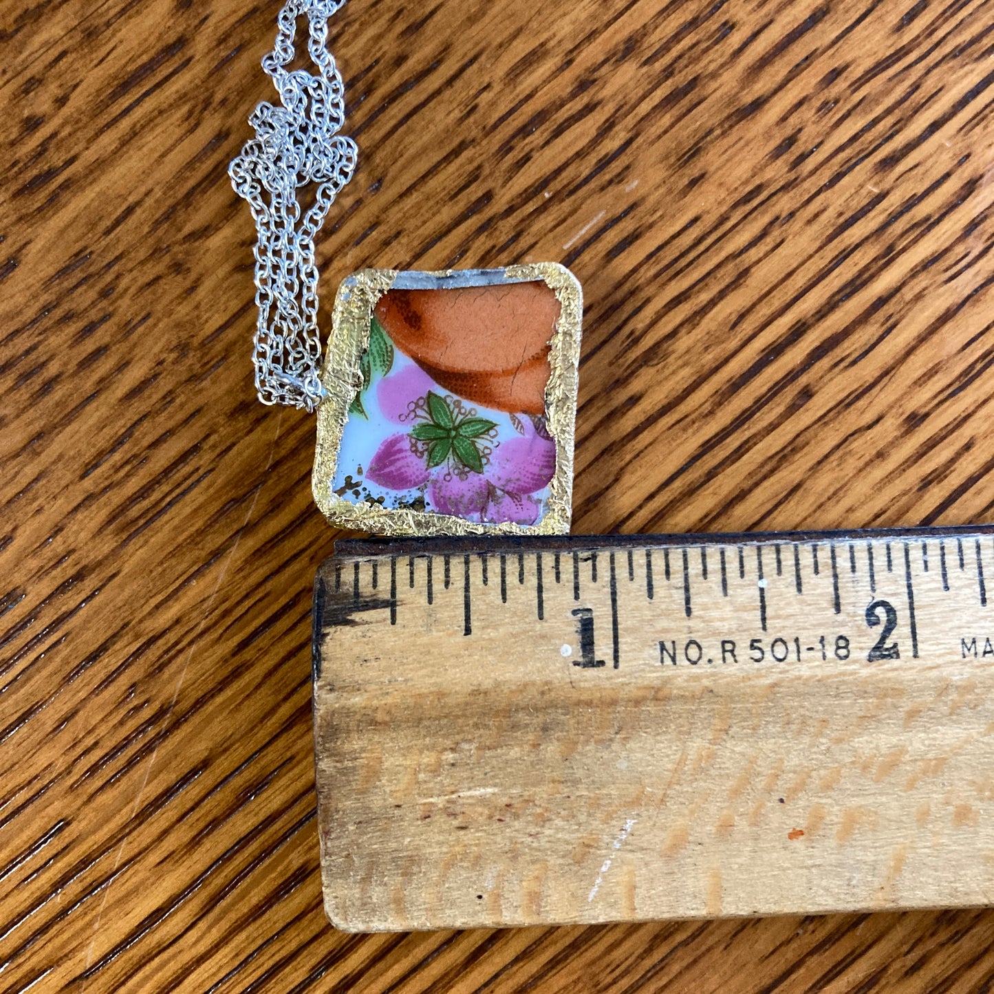 Broken Pottery Artisan Made Flower Pendant Fruit Plate Handcrafted Necklace 1 in x 7/8 in