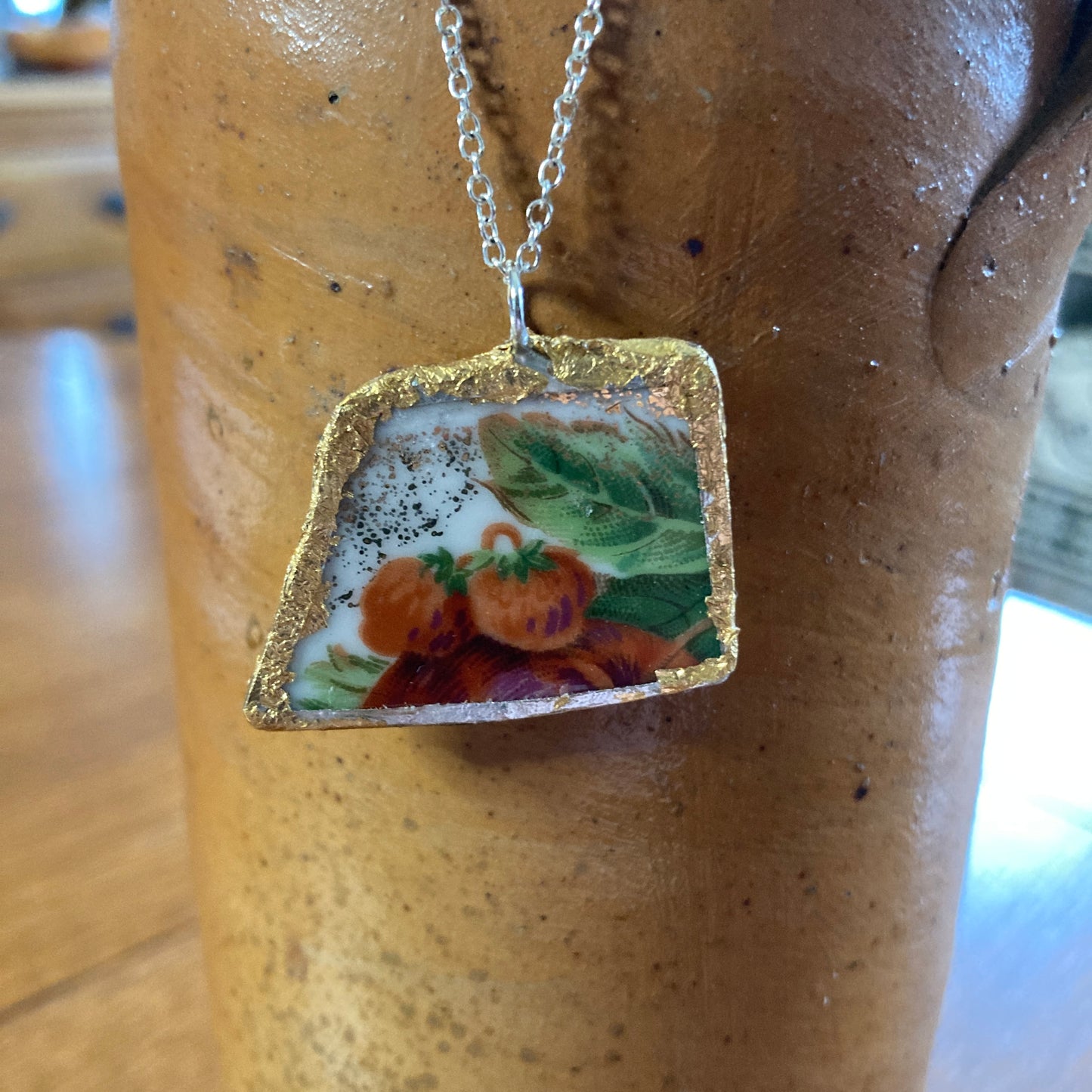 Broken Pottery Artisan Made Strawberry Pendant Fruit Plate Handcrafted Necklace 1 3/8 in x 1 in