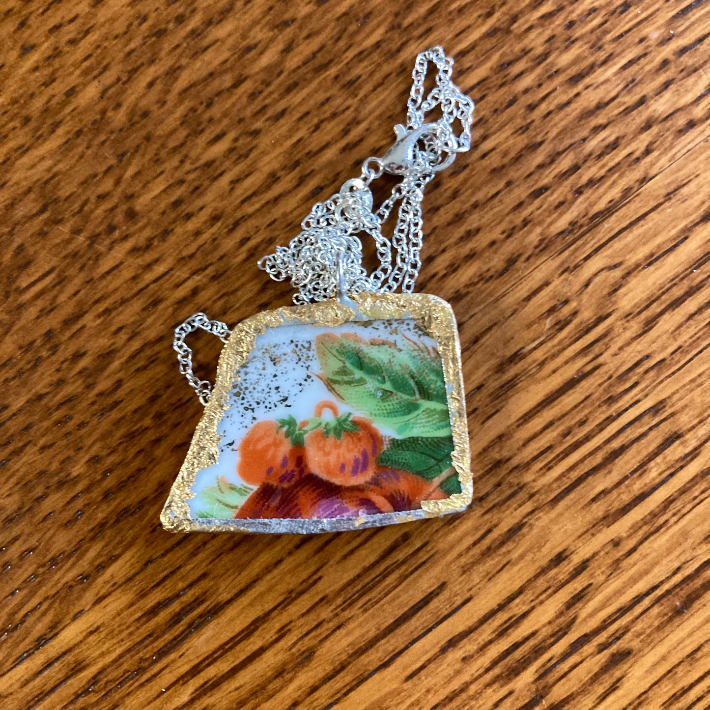 Broken Pottery Artisan Made Strawberry Pendant Fruit Plate Handcrafted Necklace 1 3/8 in x 1 in
