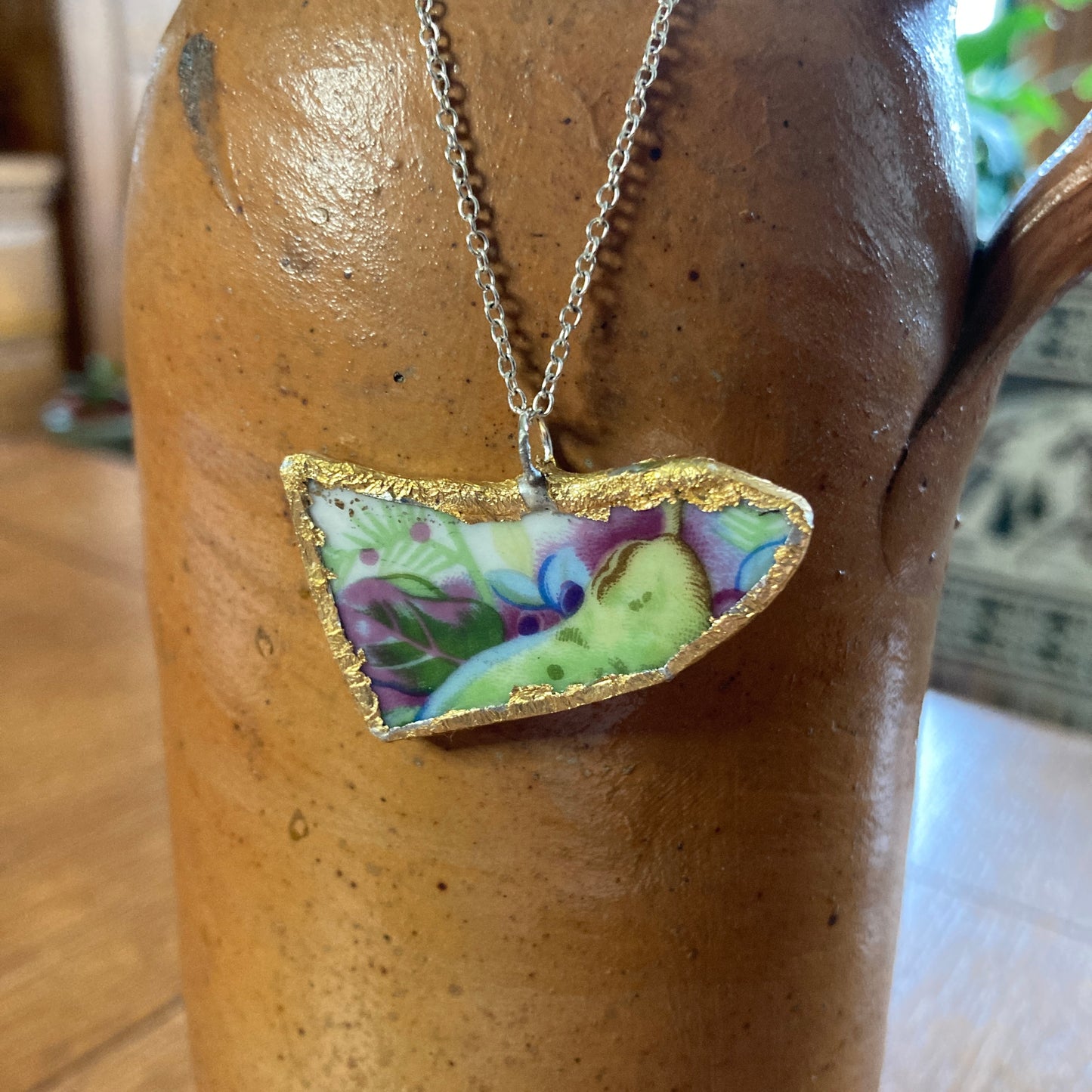 Broken Pottery Artisan Made Pear Pendant Fruit Plate Handcrafted Necklace 1 5/8 in x 1 in