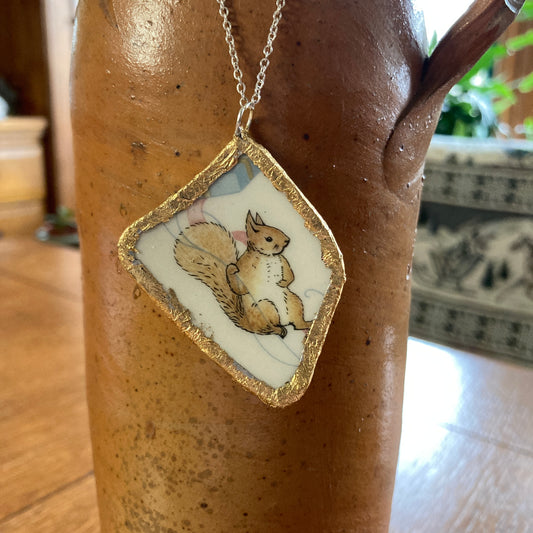 Broken Pottery Artisan Made Squirrel Nutkin Pendant Wedgwood Peter Rabbit Collector Plate Handcrafted Necklace 1.75 in x 2 in