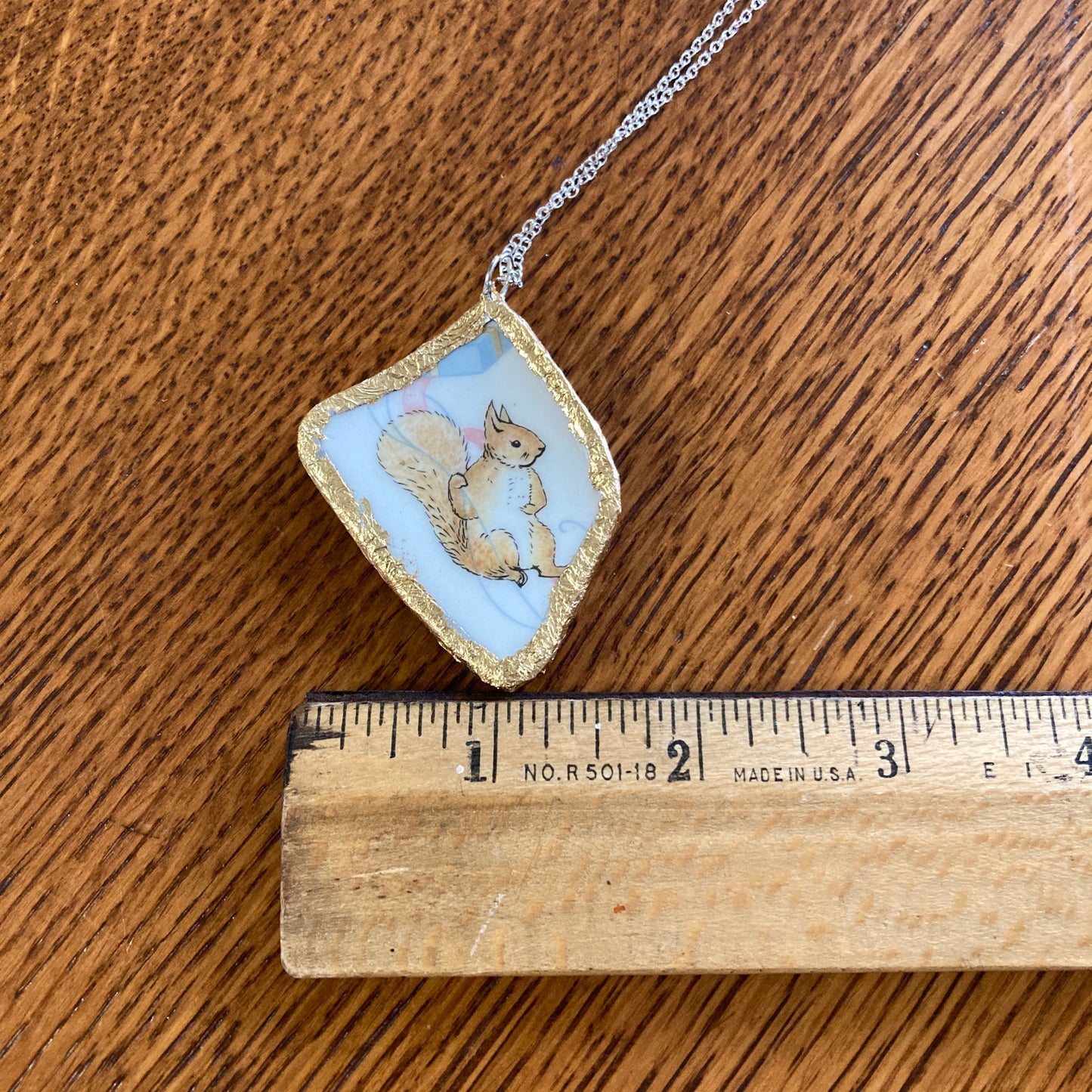 Broken Pottery Artisan Made Squirrel Nutkin Pendant Wedgwood Peter Rabbit Collector Plate Handcrafted Necklace 1.75 in x 2 in
