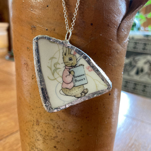 Broken Pottery Artisan Made Benjamin Bunny Pendant Wedgwood Peter Rabbit Collector Plate Handcrafted Necklace 1.75 in x 1.75 in