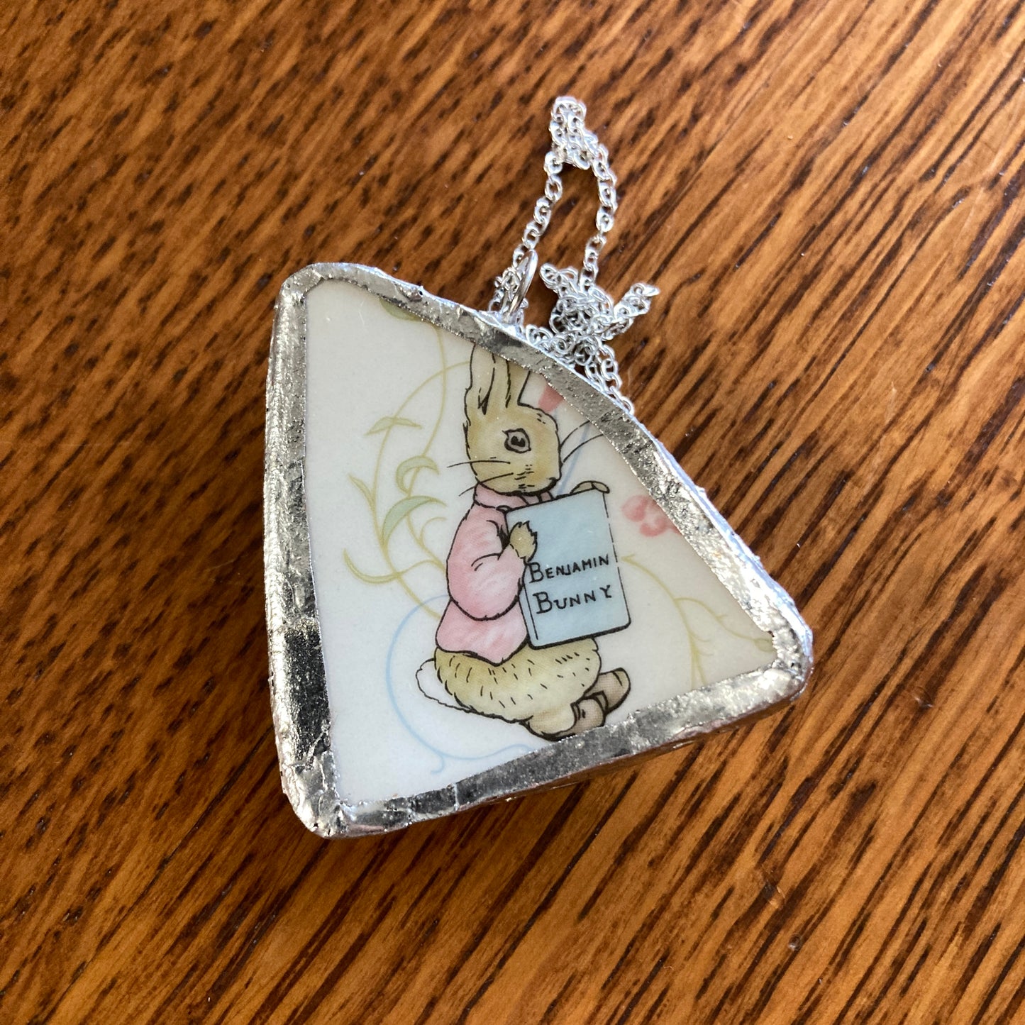 Broken Pottery Artisan Made Benjamin Bunny Pendant Wedgwood Peter Rabbit Collector Plate Handcrafted Necklace 1.75 in x 1.75 in