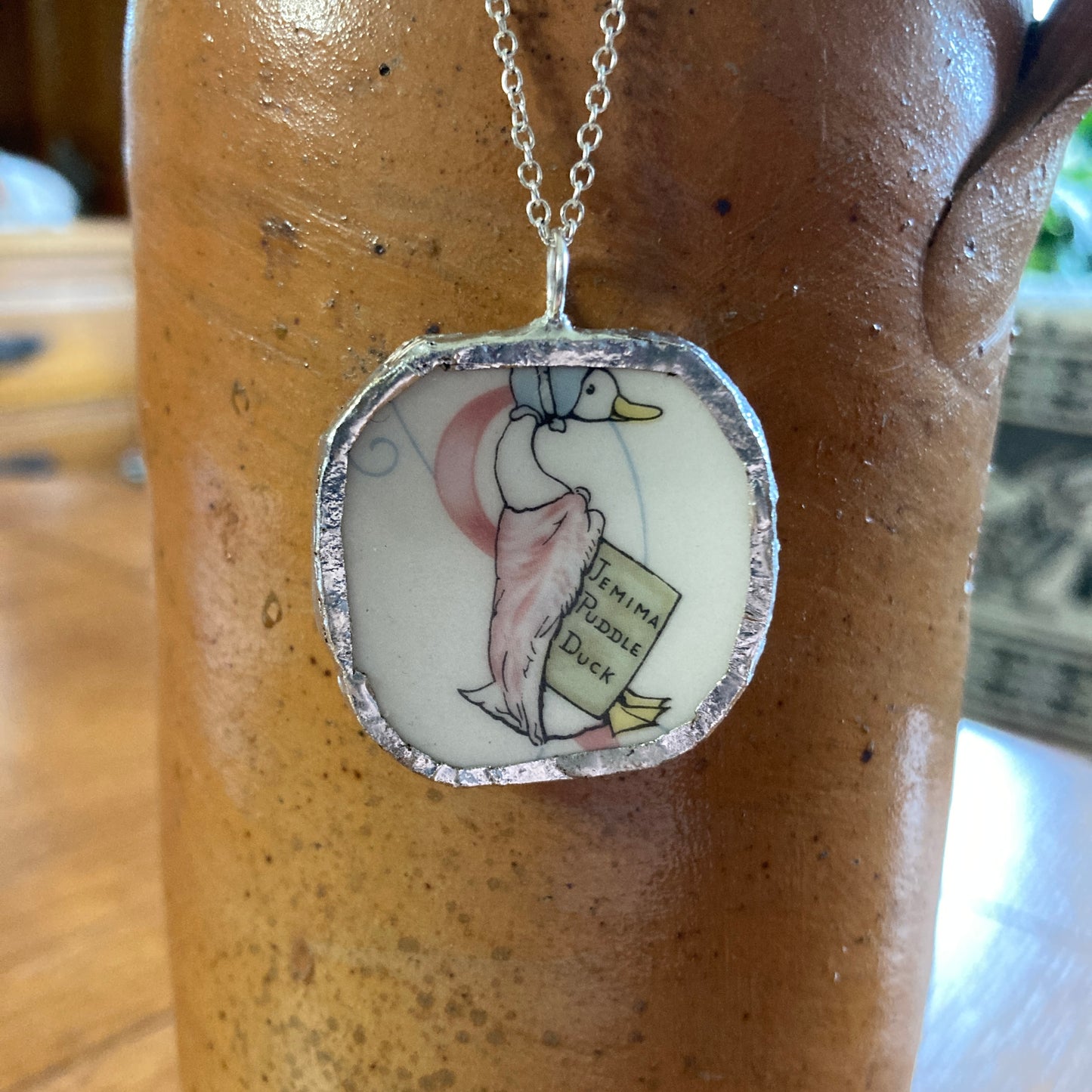 Broken Pottery Artisan Made Jemima Puddle Duck Pendant Wedgwood Peter Rabbit Collector Plate Handcrafted Necklace 1.5 in x 1.25 in