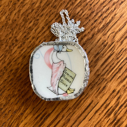 Broken Pottery Artisan Made Jemima Puddle Duck Pendant Wedgwood Peter Rabbit Collector Plate Handcrafted Necklace 1.5 in x 1.25 in