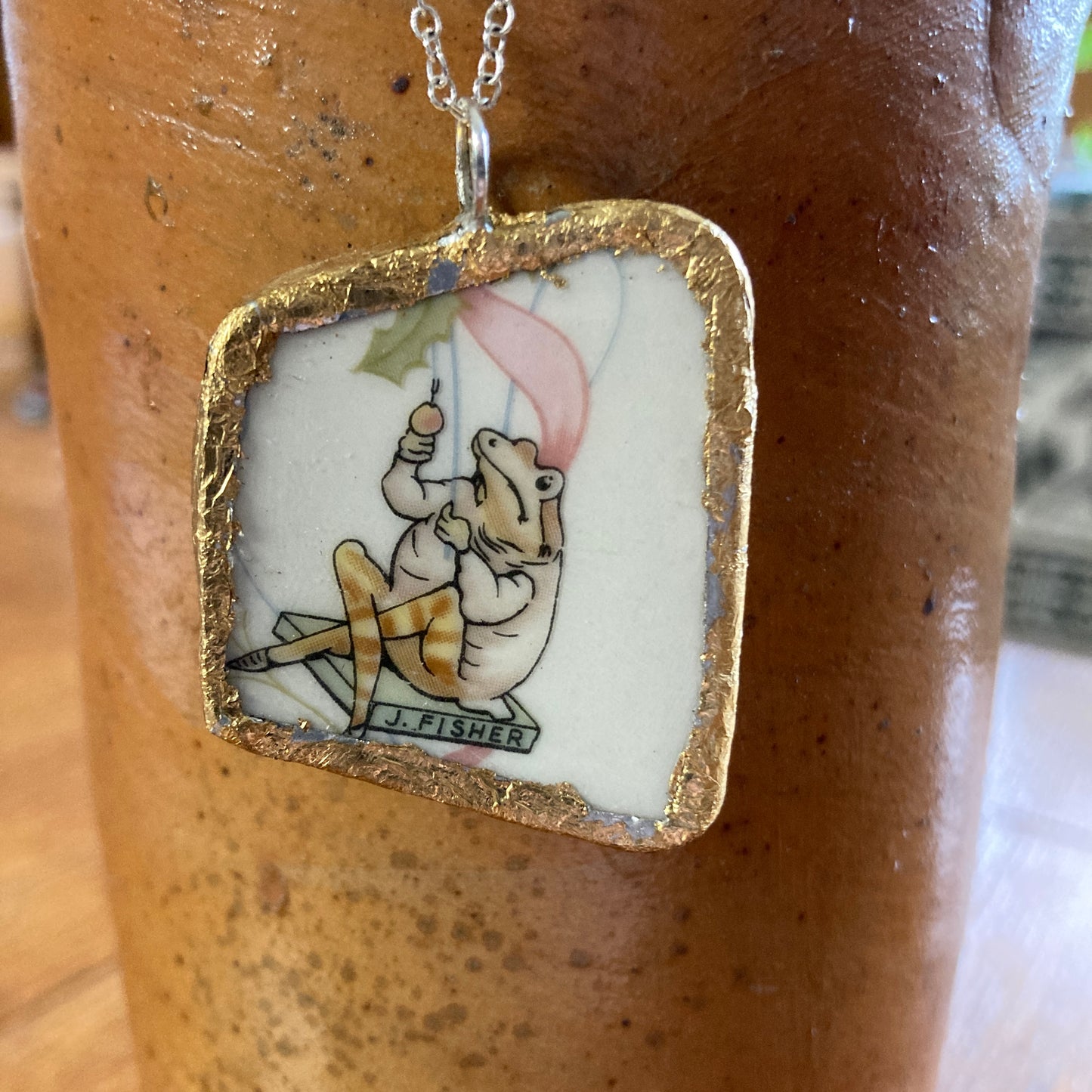 Broken Pottery Artisan Made Mr. Jeremy Fisher Pendant Wedgwood Peter Rabbit Collector Plate Handcrafted Necklace 1.25 in x 1.5 in